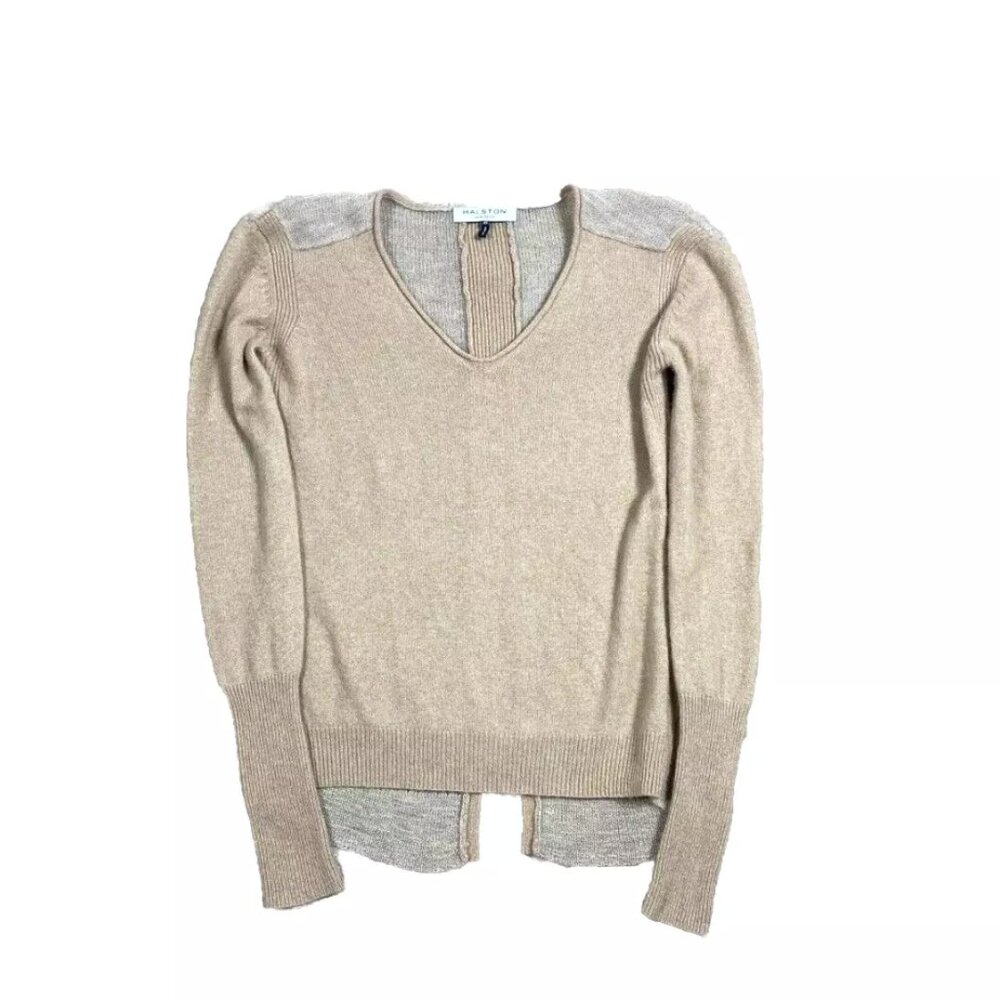Halston Heritage Cashmere Sweater XS Tan Beige V-Neck Split Back Thin Designer
